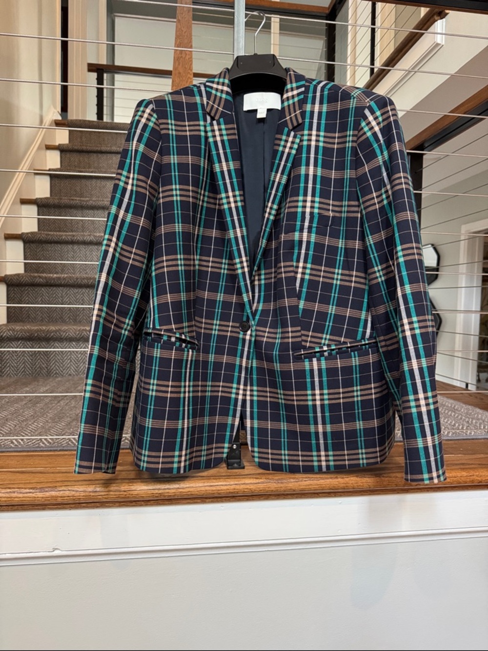BOSS Plaid Single-Button Blazer in Navy and Teal